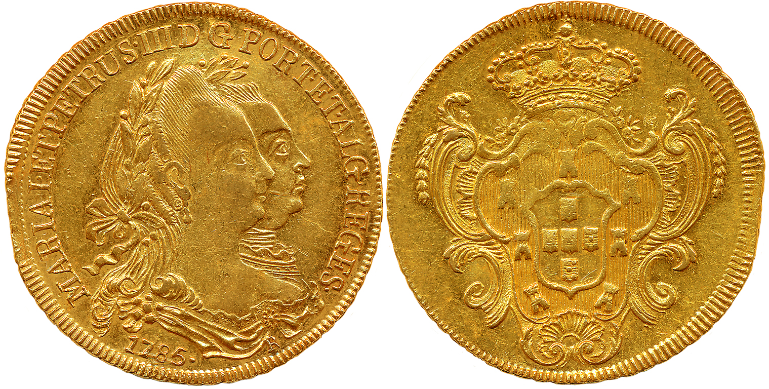 Brazil, Maria I & Pedro III, Gold 6400 Reis- Khurjat, 14.32g, 1785, Rio de Janeiro Mint, O