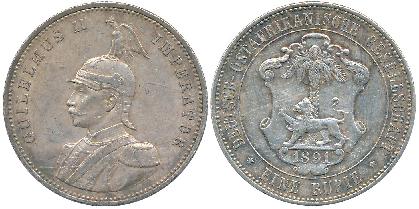 German East Africa, Guilelmus II, Silver Rupee, 1891, Obv: Armored bust to left, Rev: Shie