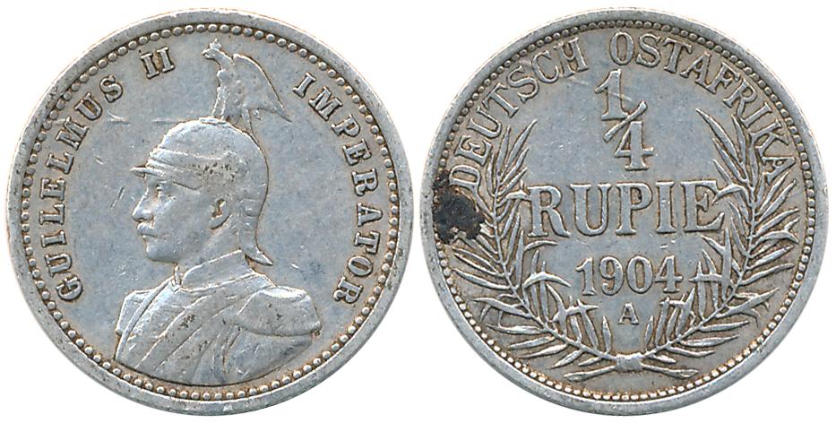 German East Africa, Guilelmus II, Silver 1/4 Rupee, 1904A, Obv: Armoured bust to left, Rev
