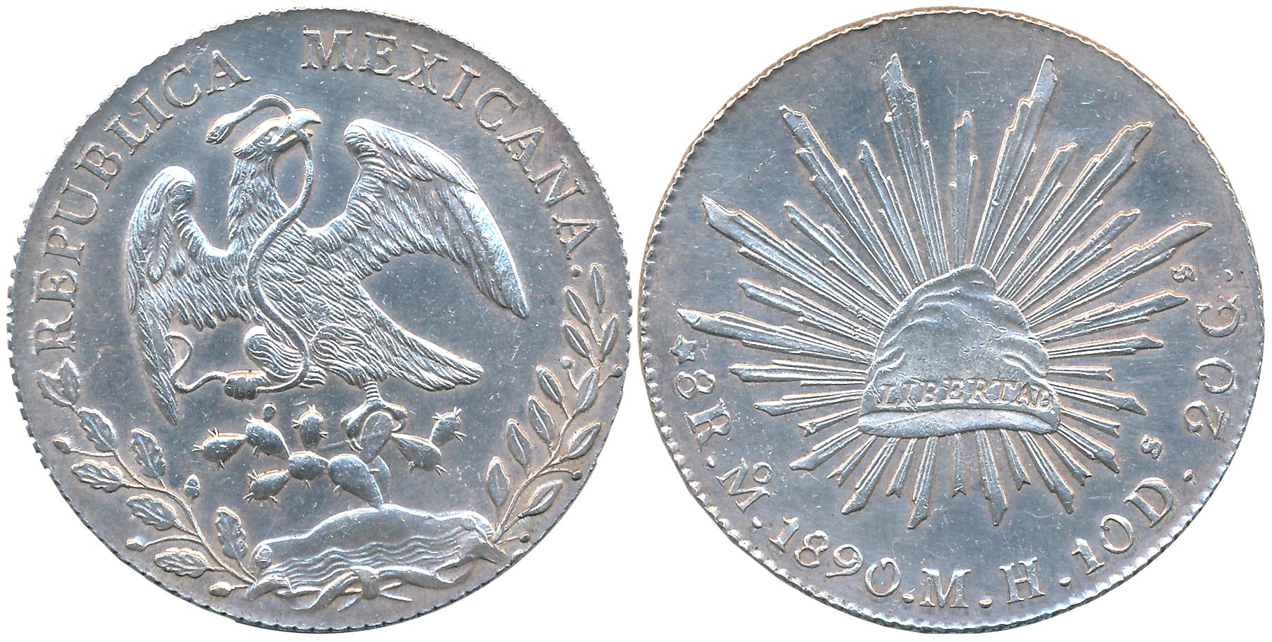Mexico, Silver 8 Reales, 27.11g, 1890, Zacatecas Mint, Obv: Facing Eagle, Snake in beak, R
