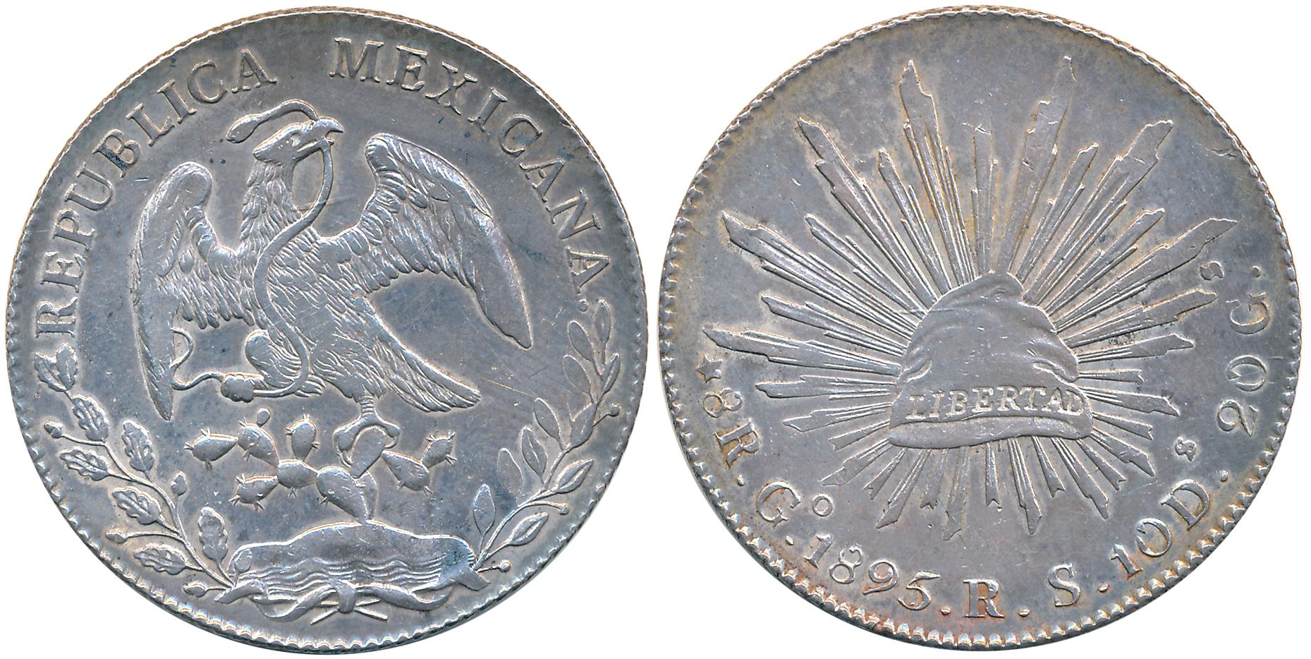 Mexico, Silver 8 Reales, 27.09g, 1895, Zacatecas Mint, Obv: Facing Eagle, Snake in beak, R