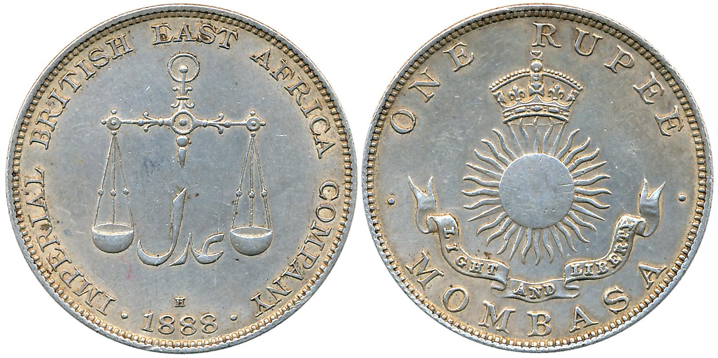 Mombasa, Silver 1 Rupee, 1888H, Birmingham Mint, Obv: Scales above date, Rev: Crown above 