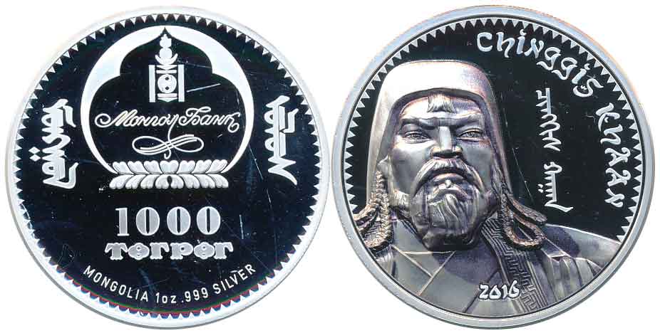 Mongolia, Proof, Silver 1000 Torpot, 31.50g, Chinggis Khaan, Obv: Emblem of the Bank of Mo