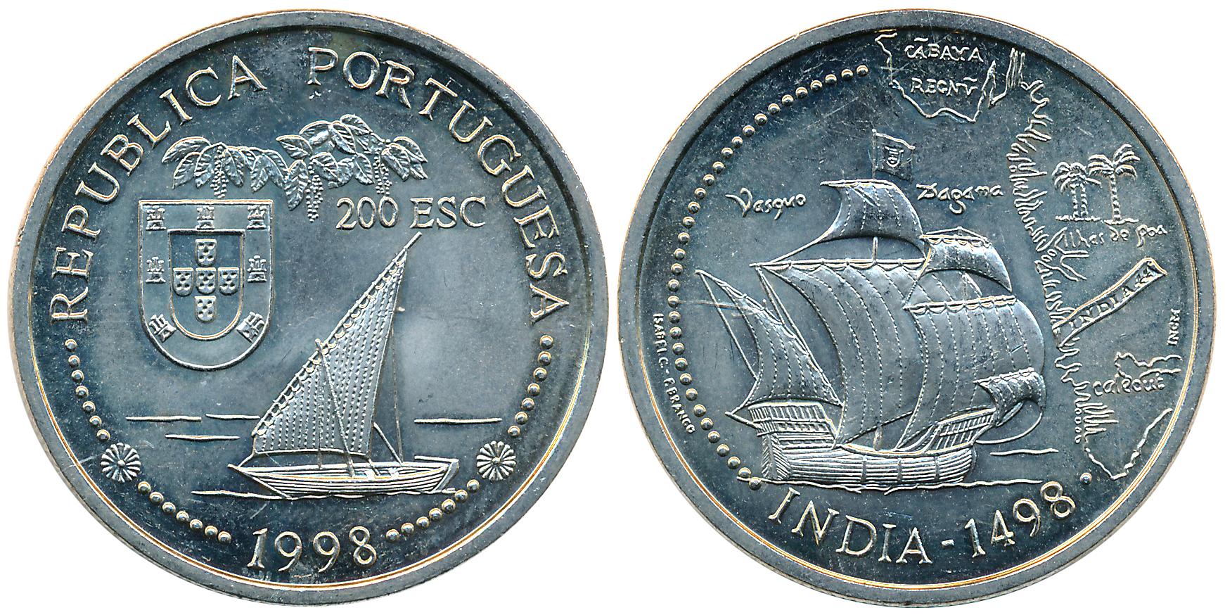 Portugal, Cupro Nickel, 200 Escudos, 21.25g, 1998, Obv: Under a pepper tree twig, the coat