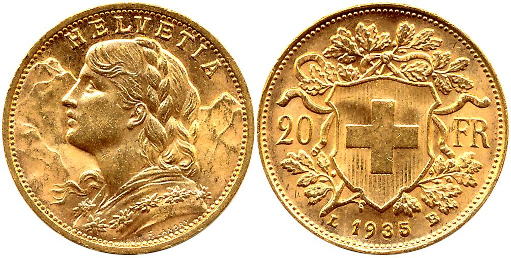 Switzerland, Gold 20 Francs, 6.45g, Obv: Young female portrait, wearing flower garland, fa