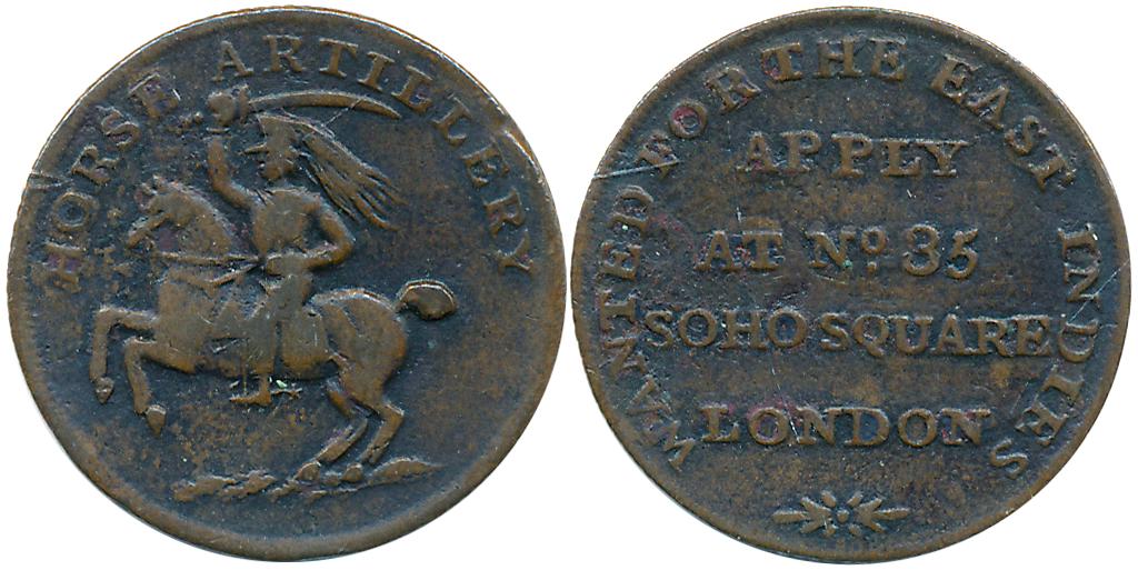 East India Company, Copper, 3.10g, Recruiting Token, Obv: Artillery Man on Horseback to Le
