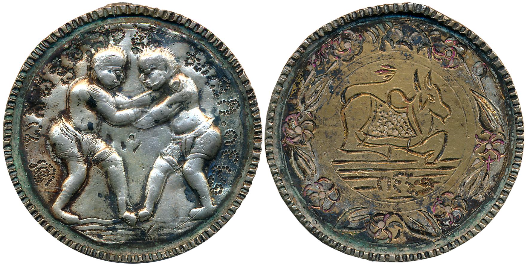 Silver, 21.68g, Obv: Depiction of two wrestlers fighting, Rev: Bull seated facing right. I