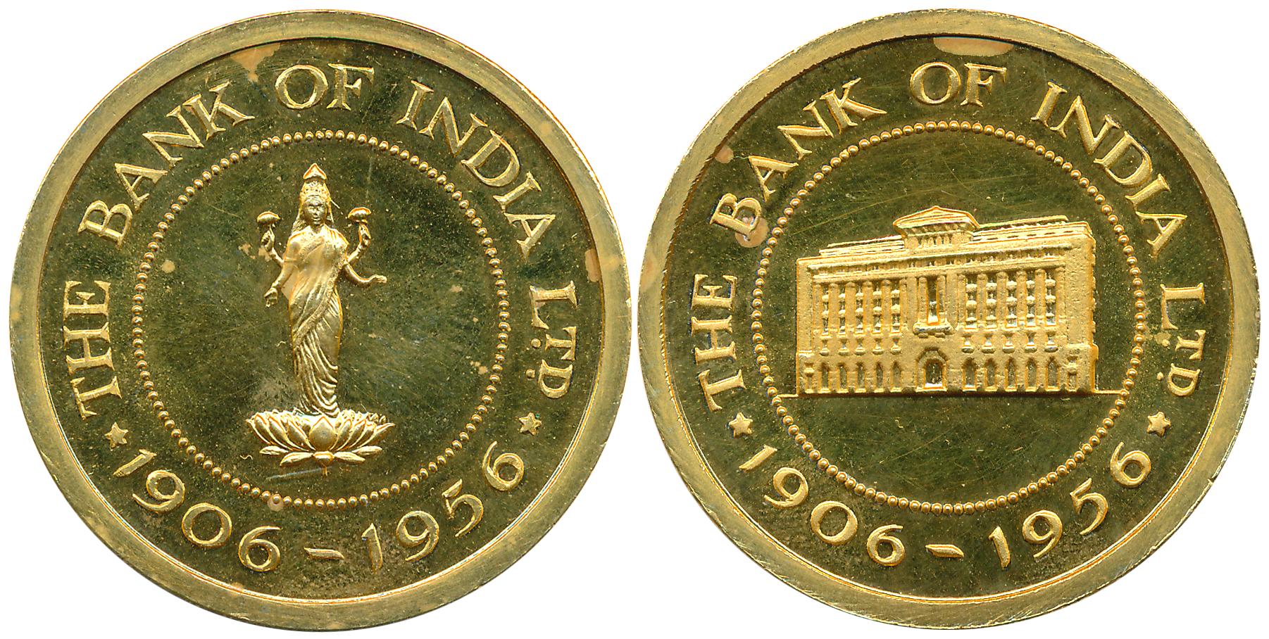 Bank of India Token, Silver- Gold Guilt, 26.35g, "Golden Jubilee years 1906-1956" Obv: God