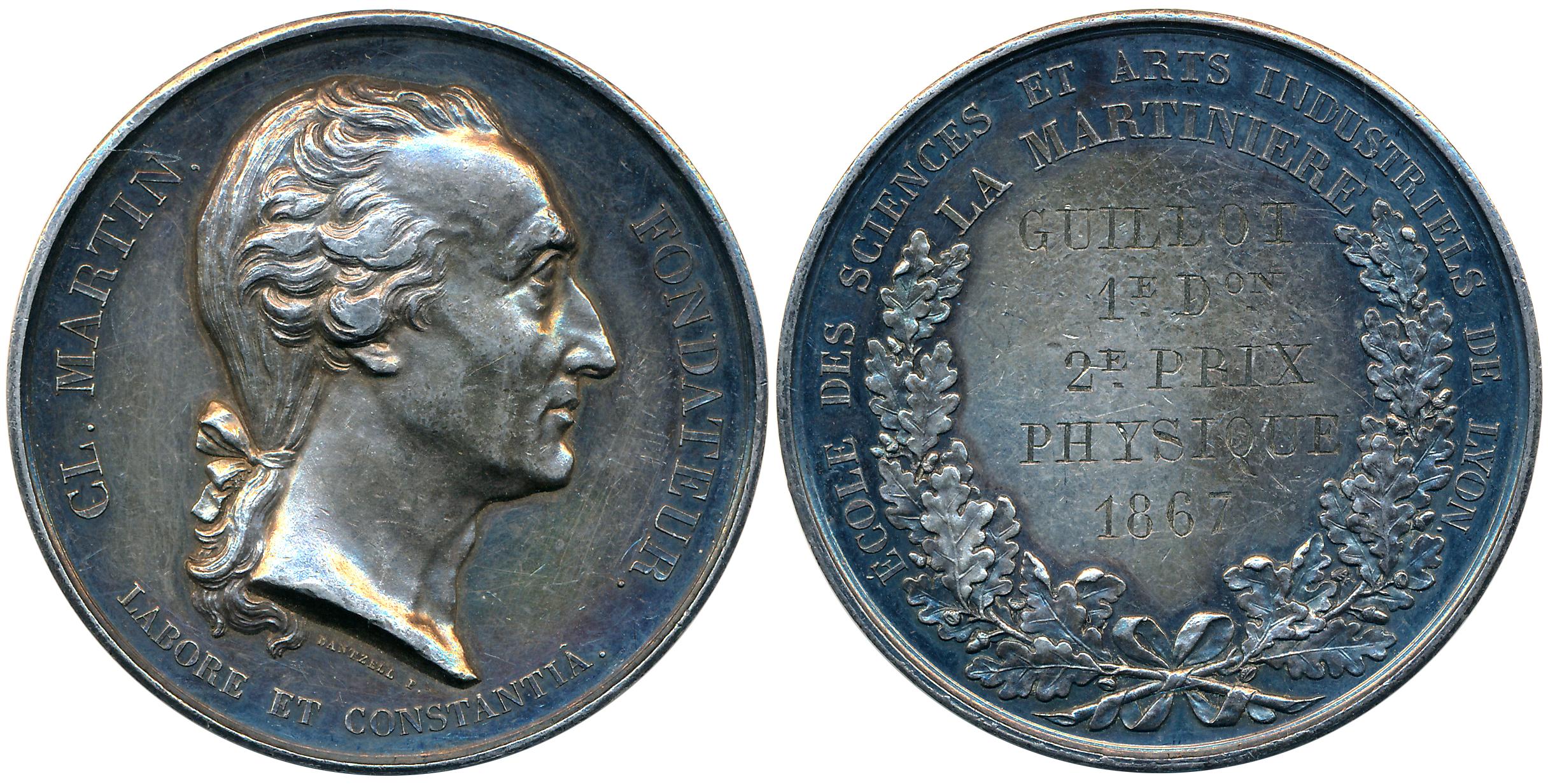 Claude Martin Silver Medal, 1867, Obv: Portrait Legend around, Rev: Name of recipient’s an