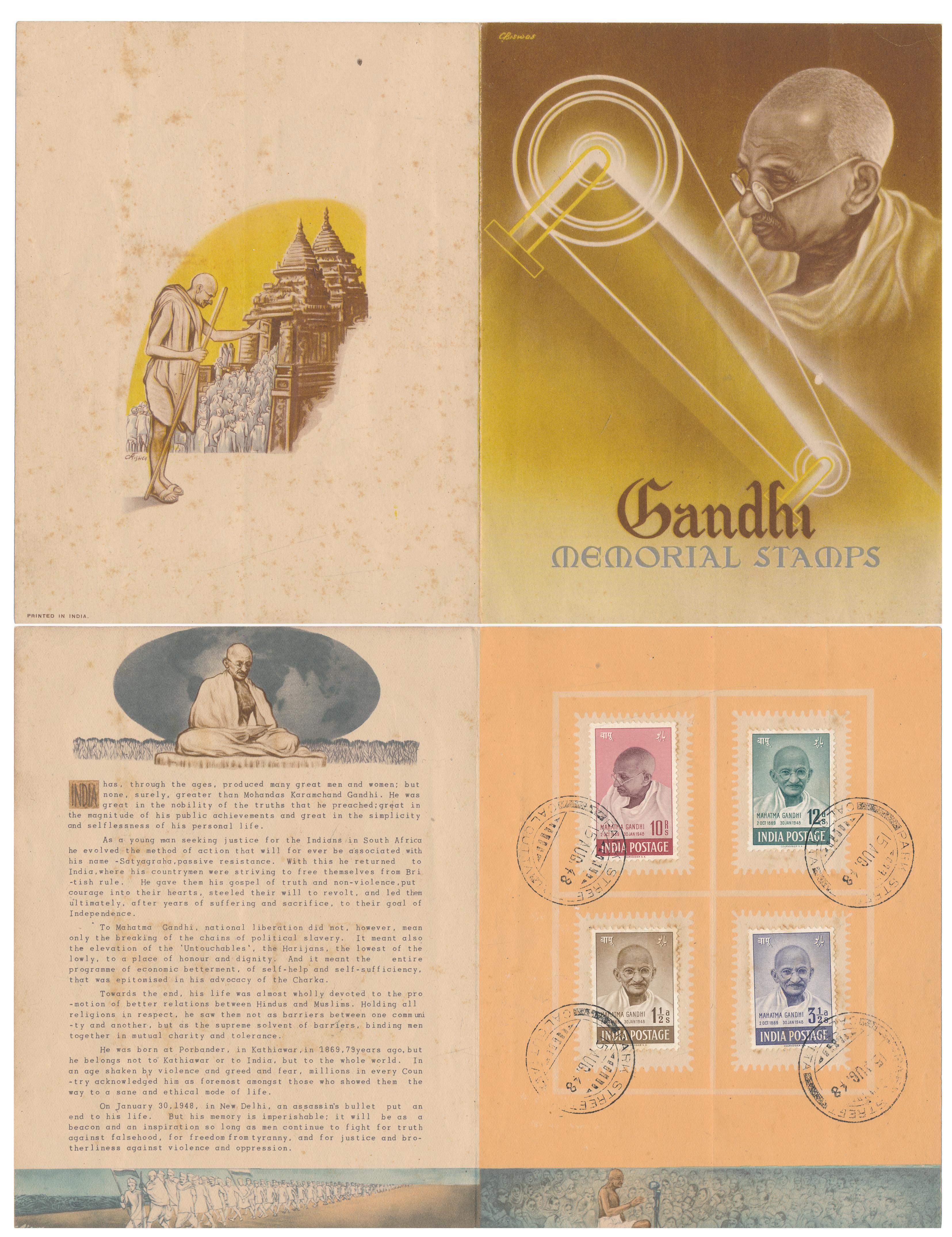 Stamp, India. 1948 Gandhi set of four in special "Gandhi Memorial stamps" folder, Cancelle