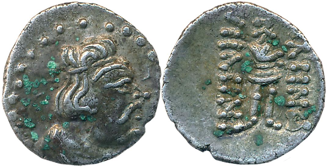 Kushans, Kujula Kadphises, Silver Obol, 0.62g, Obv: Diademed bust right within dotted bord