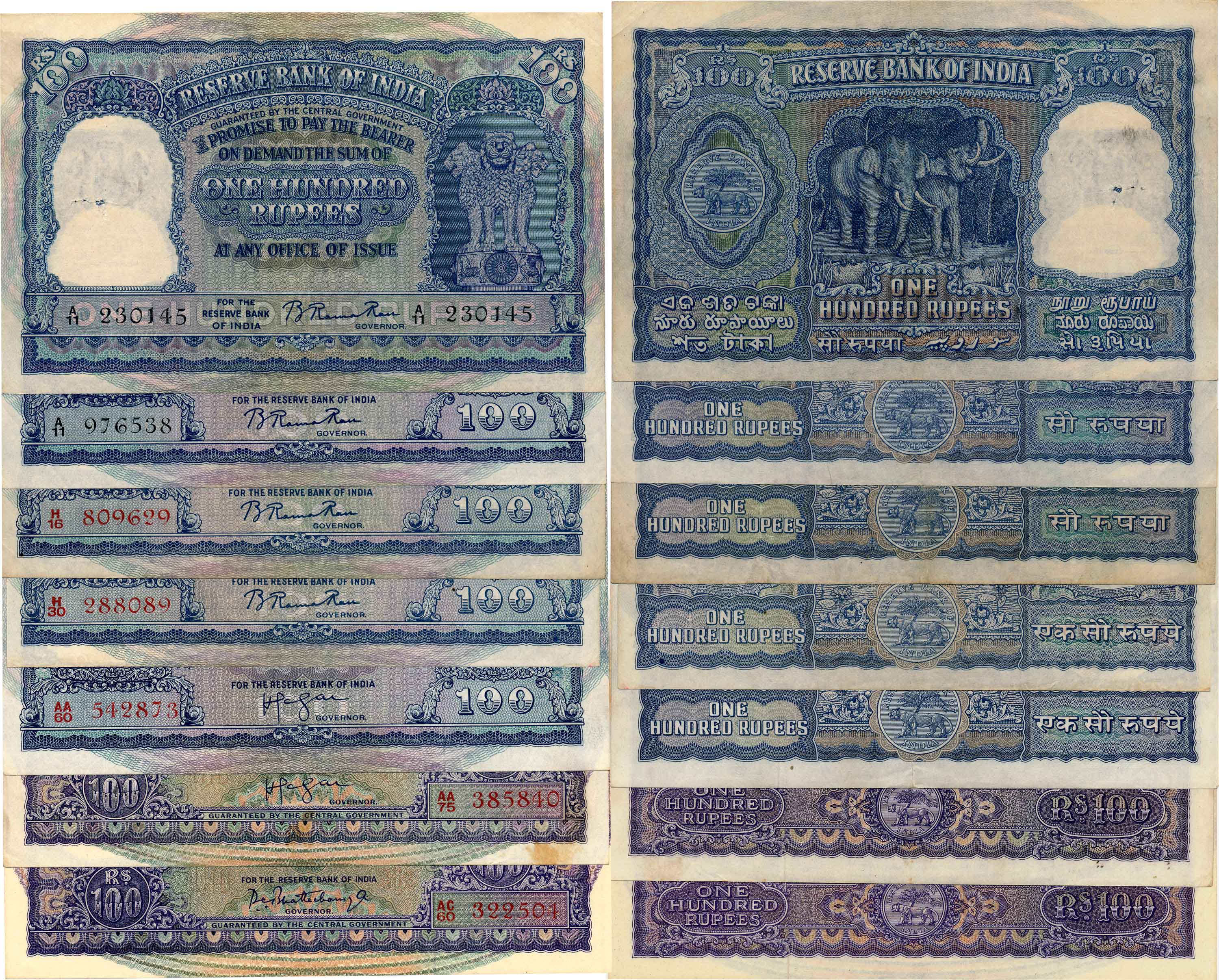 Rupees 100, Signature Set of complete 99 notes of all the issued types and varieties right