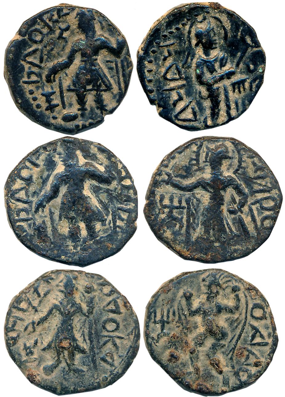 Kushans, Kanishka, Copper (3),4.81g, 4.32g, 4.32g, Obv: King standing to left offering to 