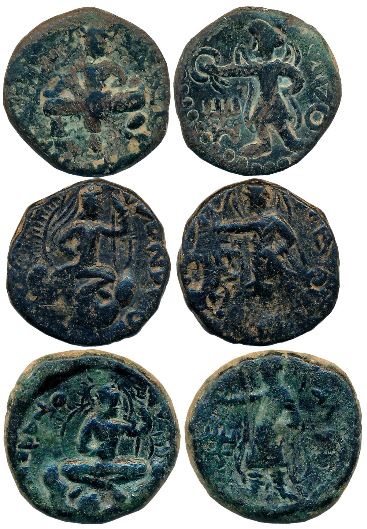 Kushans, Huvishka, Copper (3), 15.15g, 9.94g, 9.39g, "Posthumous" Issue, Obv: King seated 