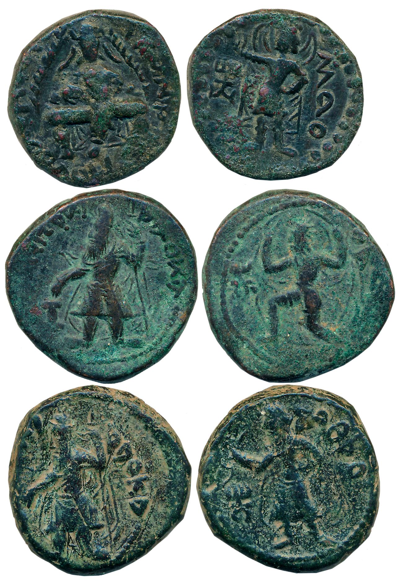 Kushans, Copper (3), 17.44g, 17.04g, 12.27g, Kanishka (2), Obv: King standing to left offe