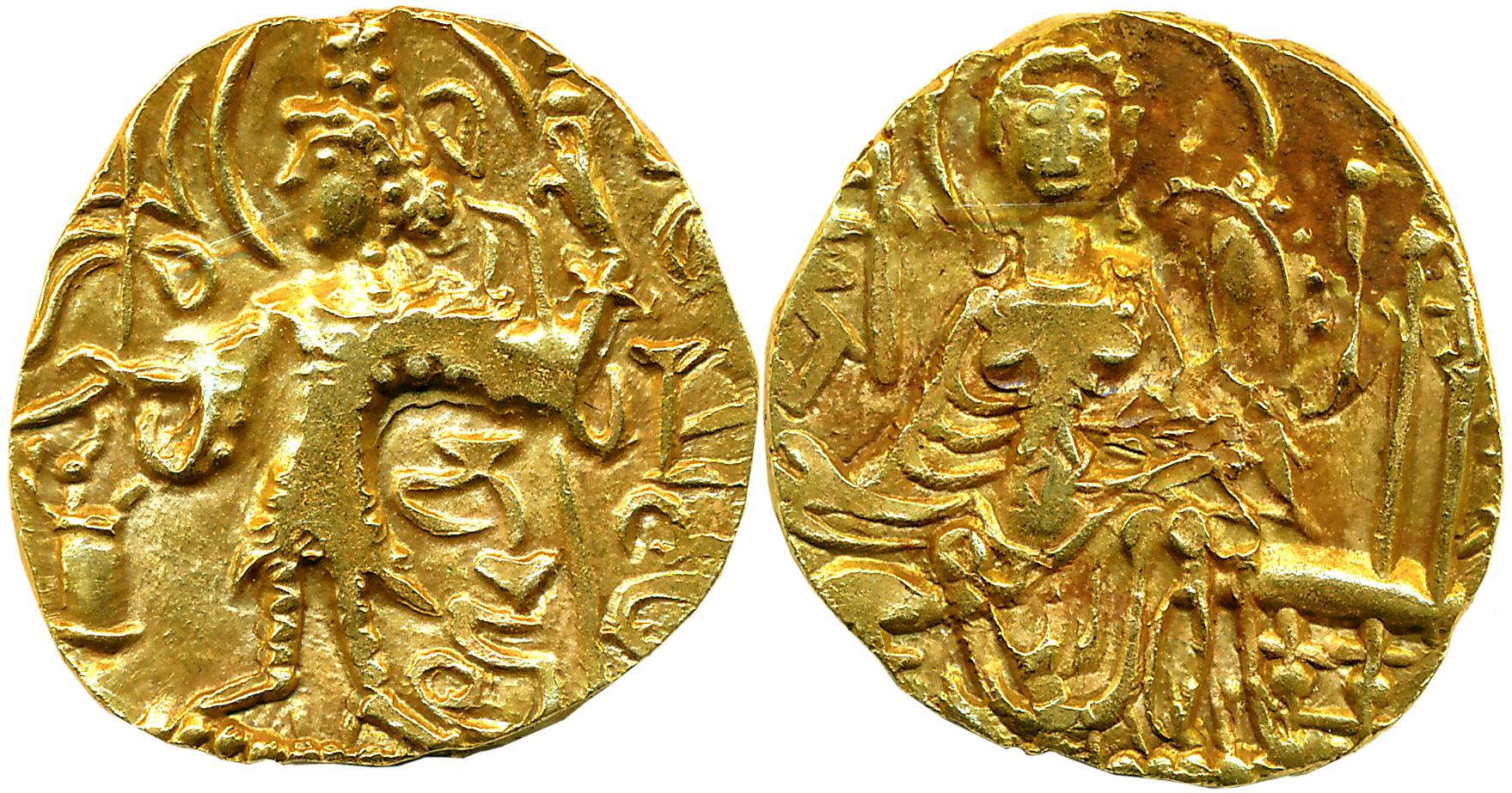 Later Kushanas, Kipanada, Gold Dinar, 7.76g, Obv: King Nimbate standing left, holding a tr