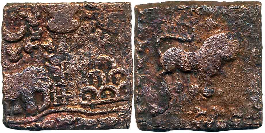 Sangam Cholas, Copper, 5.62g, Obv: Elephant standing facing right in front of tree in the 