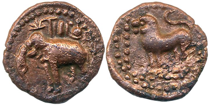 Sangam Cholas, Copper, 1.54g, Obv: Elephant to left symbols above with in dotted circle, R