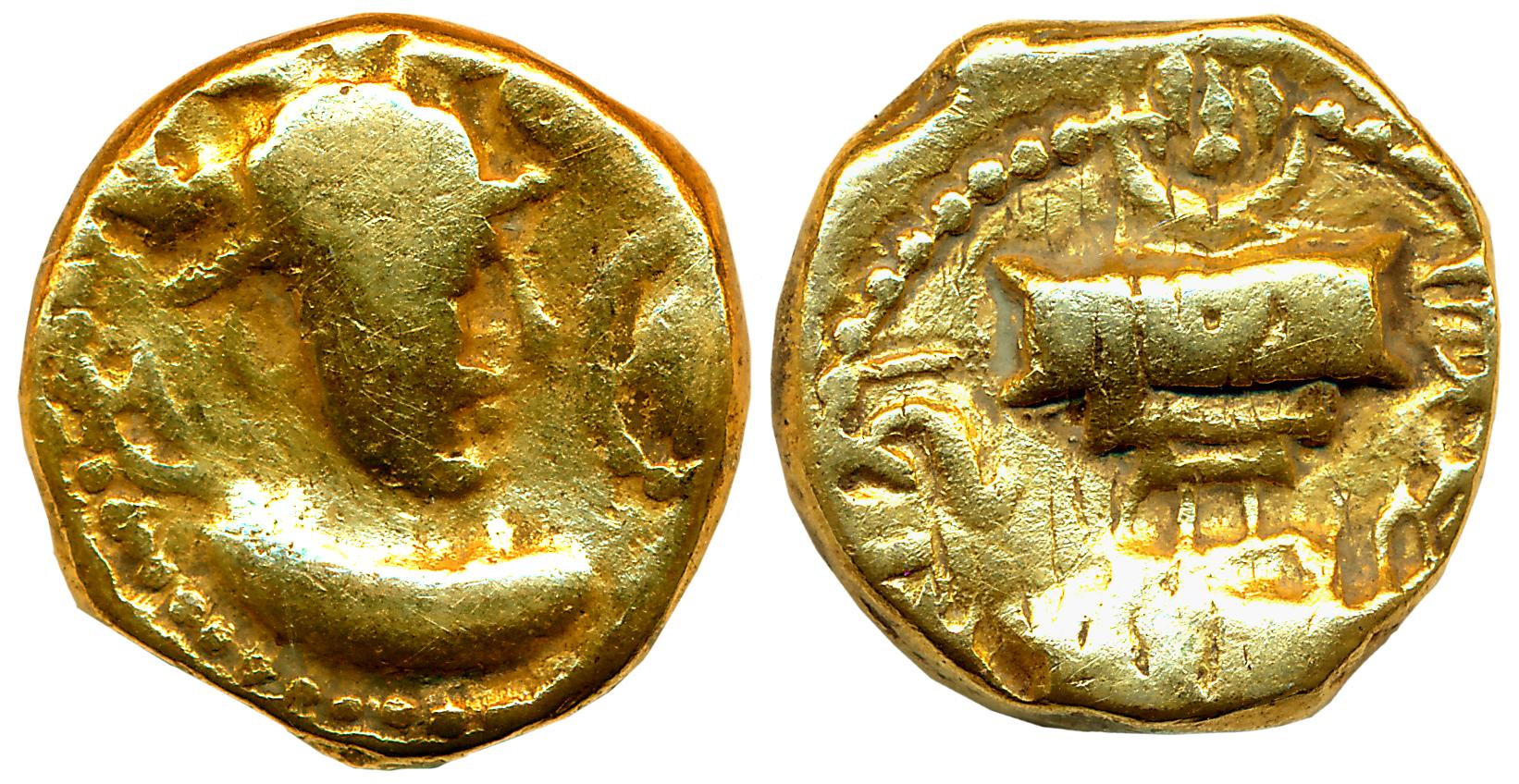 Sasanian vassal state in Sindh, Ranaditya, Base Gold Dinar, 6.88g, Obv: Sasanian style bus