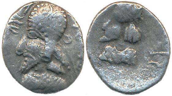Kingdom of Persis, Napad, Silver Diobol, 1.03g, Obv: Bearded Bust left wearing Parthian st