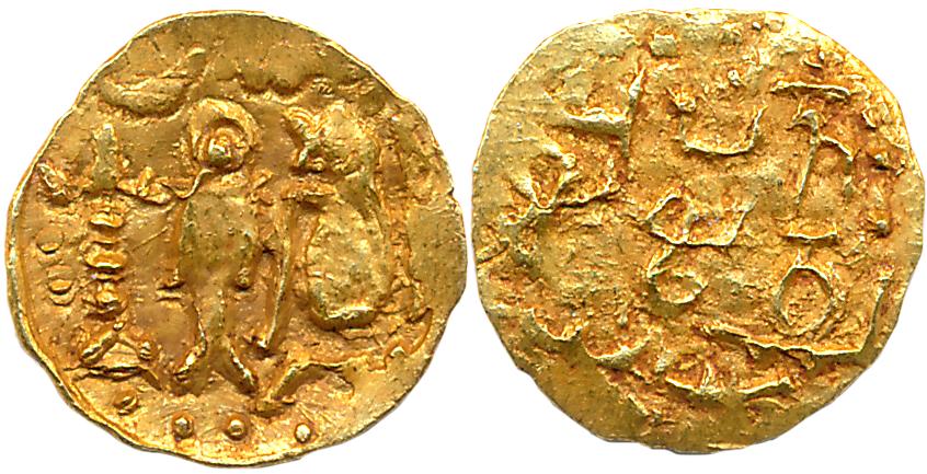 Imperial Cholas, Kulottunga I, Gold Fanam, 0.26g, Obv: Within a circle of dot from left to