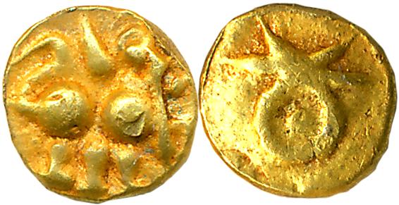 Chalukyas of Kalyana, Jagadikamalla, Gold Fanam, 0.37g, Obv: Lion standing with raised for