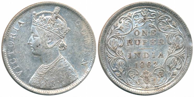 Victoria Queen, Silver Rupee, 1862, Calcutta Mint, B/II, with plain cone (Prid# 55). Extre