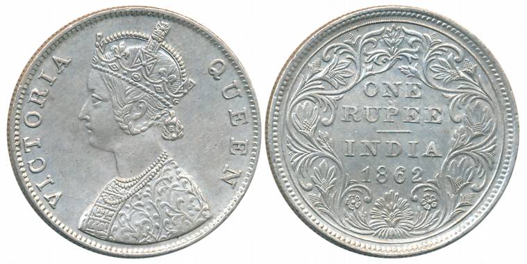 Victoria Queen, Silver Rupee, 1862, Madras Mint, B/II, Ingraving in the hair at the nape o