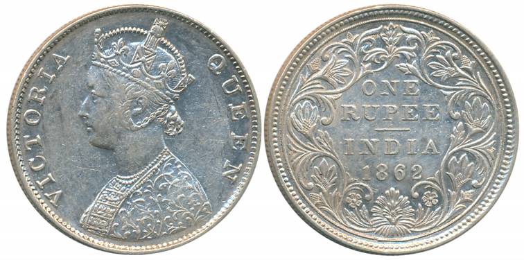 Victoria Queen, Silver Rupee, 1862, Madras Mint, B/II, Similar to Variety C with ingraving