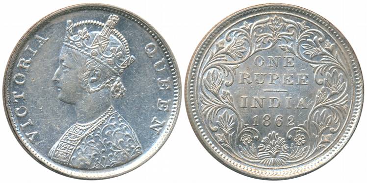 Victoria Queen, Silver Rupee, 1862, Madras Mint, B/II, Ingraving in the hair and prominent