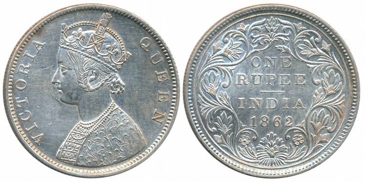 Victoria Queen, Silver Rupee, 1862, Bombay Mint, B/II, Incuse field around some of the scr
