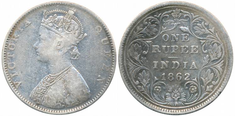 Victoria Queen, Silver Rupee, 1862, Bombay Mint, D/II, Obv: Designed by L.C. WYON, OBV. is