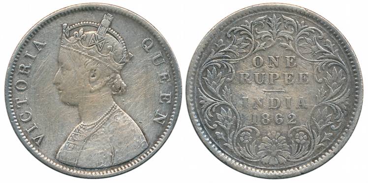 Victoria Queen, Silver Rupee, 1862, Calcutta Mint, B/III (Prid# 60). About fine, scarce.