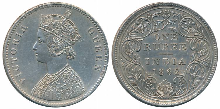 Victoria Queen, Silver Rupee, 1862, Calcutta Mint, A/II, pineapple like buds at four place