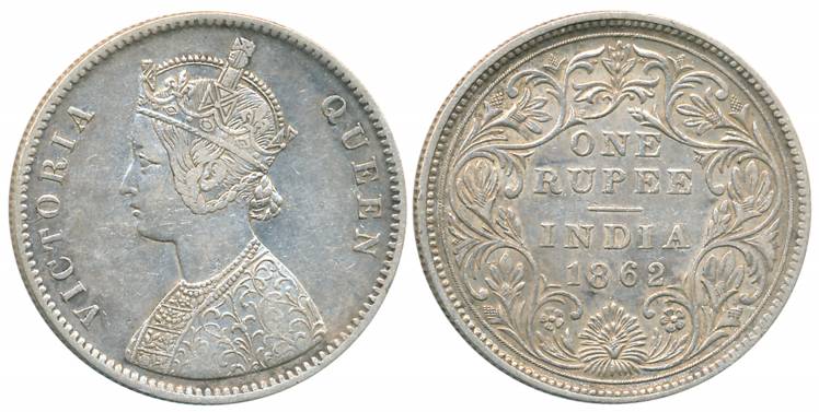 Victoria Queen, Silver Rupee, 1862, Calcutta Mint, A/II, pineapple like buds at three plac