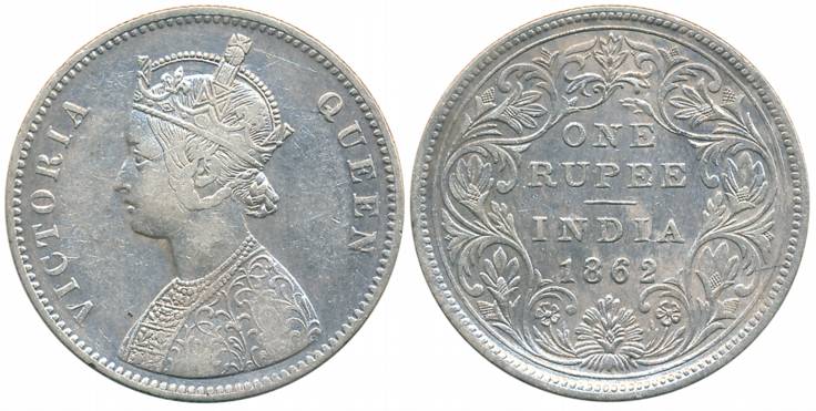 Victoria Queen, Silver Rupee, 1862, Calcutta Mint, A/II, 'V' in relief without crescent, r
