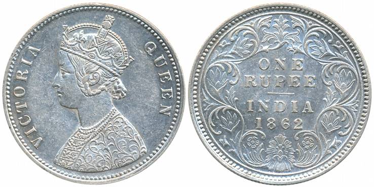 Victoria Queen, Silver Rupee, 1862, Calcutta Mint, A/I, with crescent (Prid# 66, Variety A