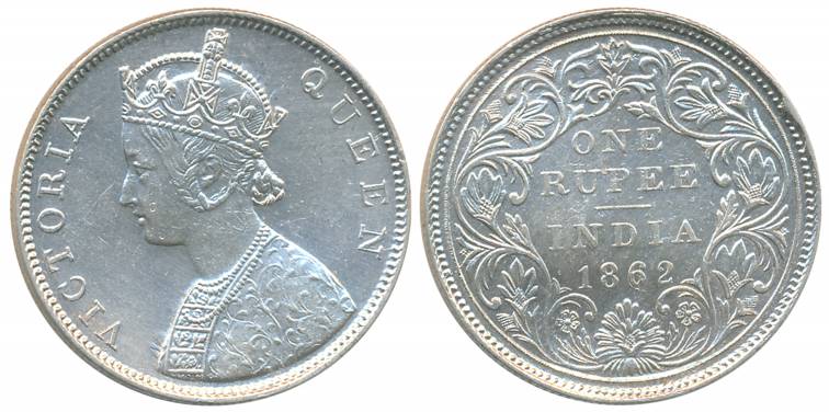 Victoria Queen, Silver Rupee, 1862, Bombay Mint, B/II/1/0 dots (Prid# 69). Very fine.