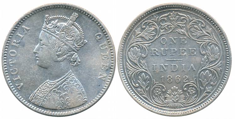 Victoria Queen, Silver Rupee, 1862, Bombay Mint, A/II/2/0 dots (Prid# 70). About very fine