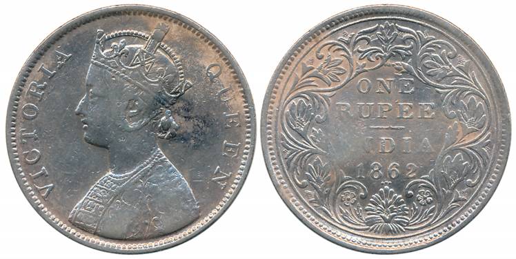 Victoria Queen, Silver Rupee, 1862, Bombay Mint, B/II/2/3 dots (Prid# 74). Fine+, scarce.
