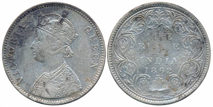 Victoria Queen, Silver Rupee, 1862, Bombay Mint, A/I/0/3 dots (Prid# 74A). Good, very rare