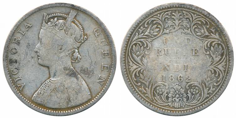 Victoria Queen, Silver Rupee, 1862, Bombay Mint, B/I/0/3 dots (Prid# 76). Good, rare.
