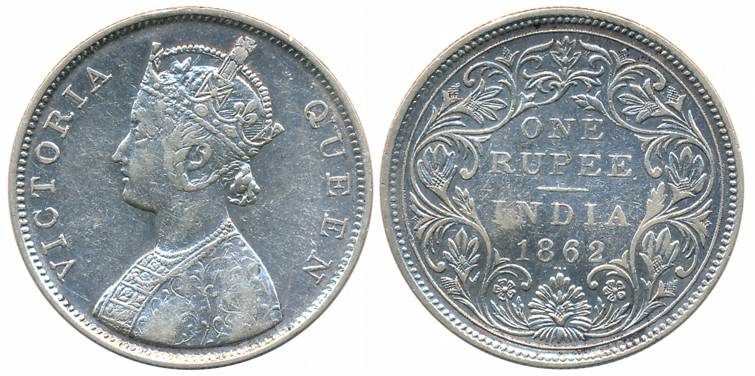 Victoria Queen, Silver Rupee, 1862, Bombay Mint, B/II/0/3 dots, round beads (Prid# 77). Ab