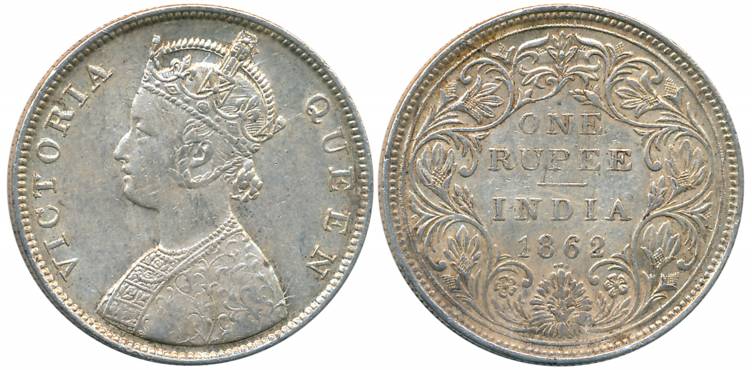 Victoria Queen, Silver Rupee, 1862, Bombay Mint, B/II/0/3 dots, Elongated beads (Prid# 77,