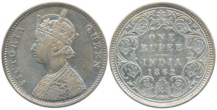 Victoria Queen, Silver Rupee, 1862, Bombay Mint, A/I/0/4 dots (Prid# 78). About very fine,