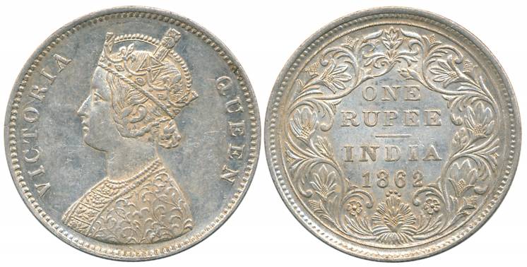 Victoria Queen, Silver Rupee, 1862, Bombay Mint, A/II/0/4 dots (Prid# 79). Extremely fine+