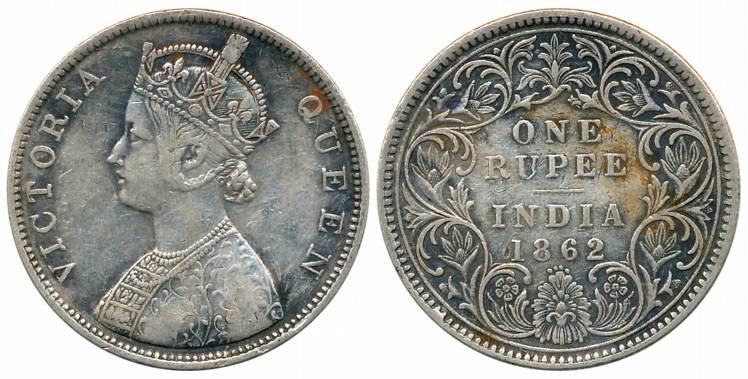 Victoria Queen, Silver Rupee, 1862, Bombay Mint, B/I/0/4 dots (Prid# 80). About very fine,