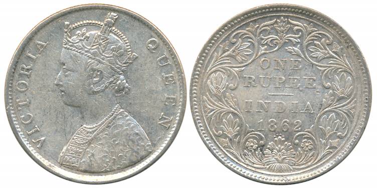 Victoria Queen, Silver Rupee, 1862, Bombay Mint, B/II/0/4 dots (Prid# 81). Very fine.
