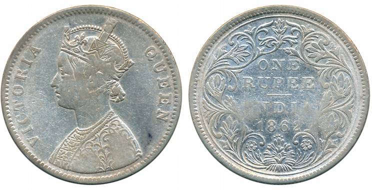 Victoria Queen, Silver Rupee, 1862, Bombay Mint, A/II/2/4 dots (Prid# 84). Fine.