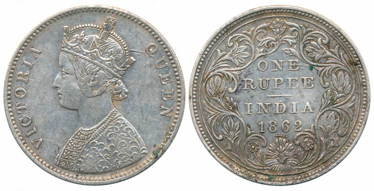 Victoria Queen, Silver Rupee, 1862, Bombay Mint, A/II/0/5 dots, dots in straight line (Pri